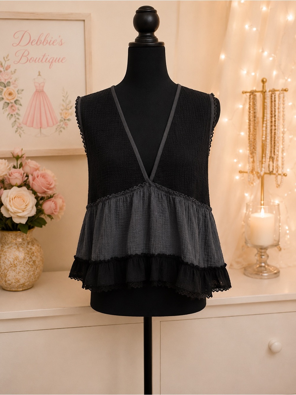 NEW POL Charcoal Sleeveless V-Neck Top